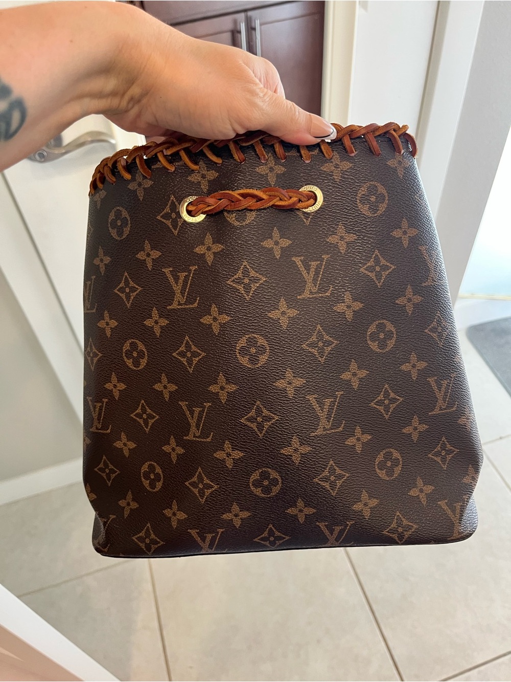 Repurposed Louis Vuitton Canvas Brown Monogram Fringe Bucket Bag - Brown/Pink - Picture 4 of 6